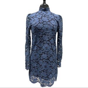 Zara Blue Lace Mini Dress with Mock Neck & Scallop Hem – Size M